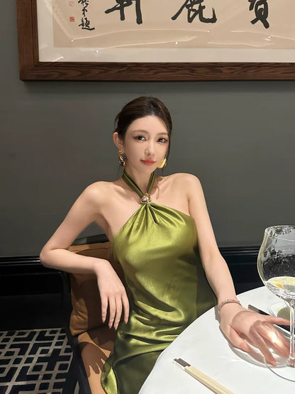 SX Shanxi Acetate Satin Halter-Neck Backless Tube Dress – A Sexy, Chic, and Sophisticated Bodycon Dress for an Elegant Look