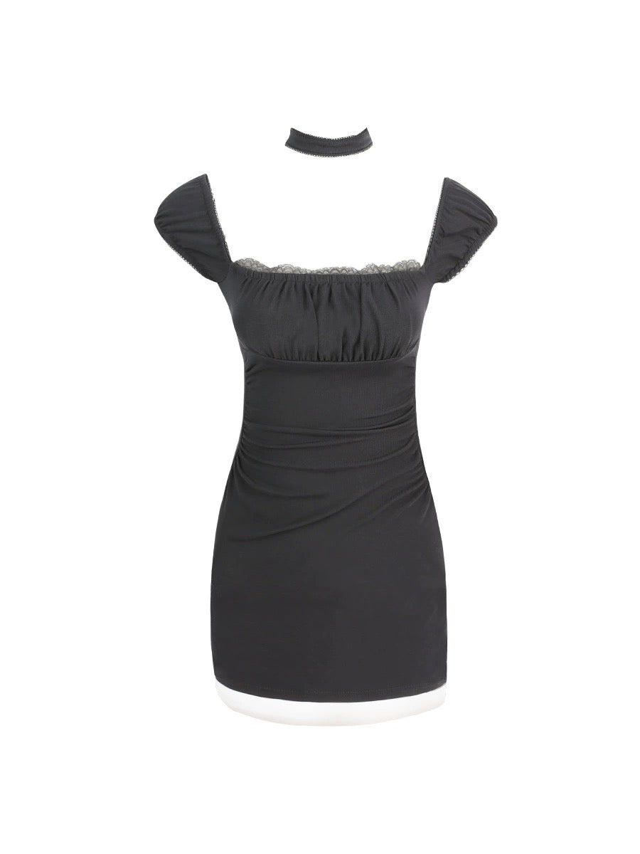 Mess Studio American hot girl's high-end contrast dress can be worn twice and has pleated waist to make the waist look slimmer