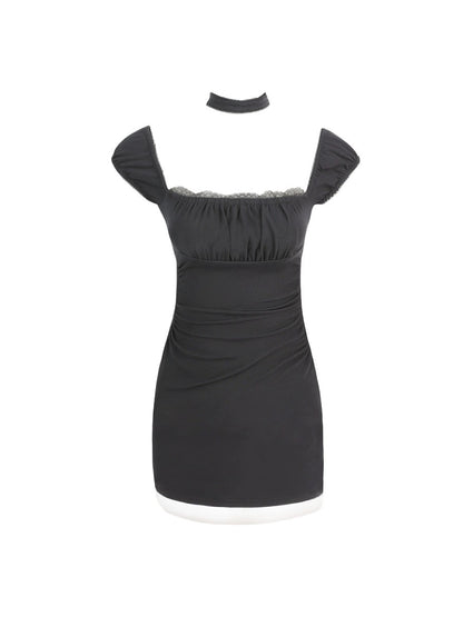 Mess Studio American hot girl's high-end contrast dress can be worn twice and has pleated waist to make the waist look slimmer