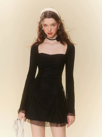 Mess Studio American Hot Girl Niche Design Square Neck Mesh Lace Dress Versatile and Slim Women