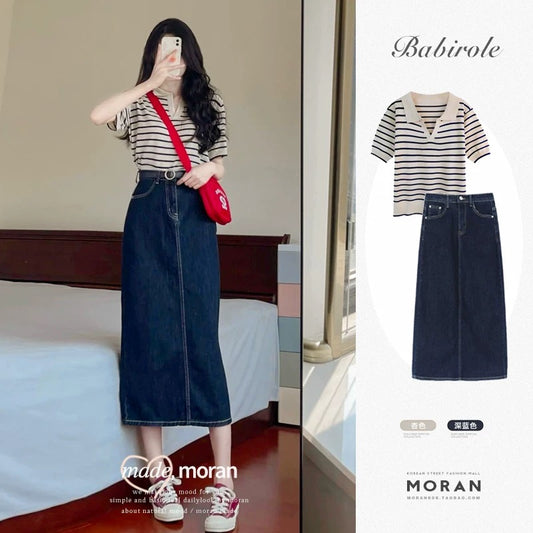 Hong Kong chic Korean fashion age-reducing two-piece suit for women striped short-sleeved knitted top denim skirt summer