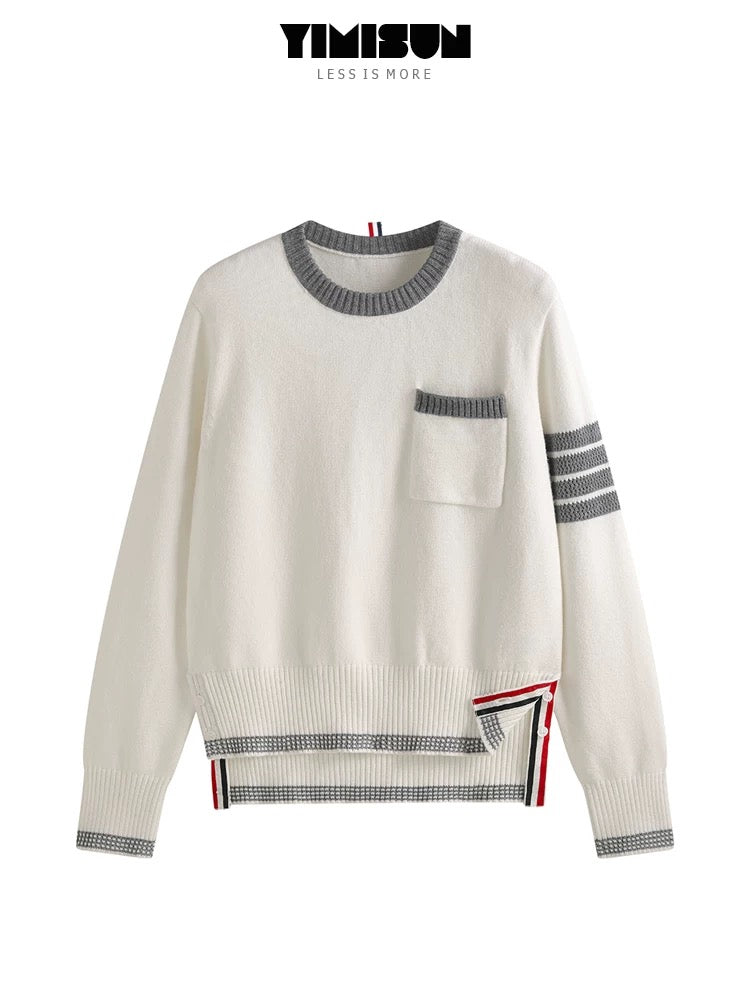YIMISUN design four-bar chest pocket contrast color round neck knitted bottoming shirt slim fit sweater for women