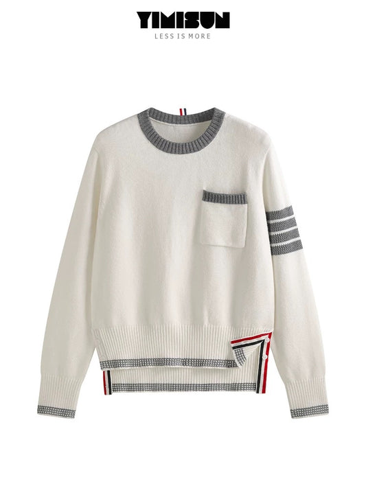 YIMISUN design four-bar chest pocket contrast color round neck knitted bottoming shirt slim fit sweater for women
