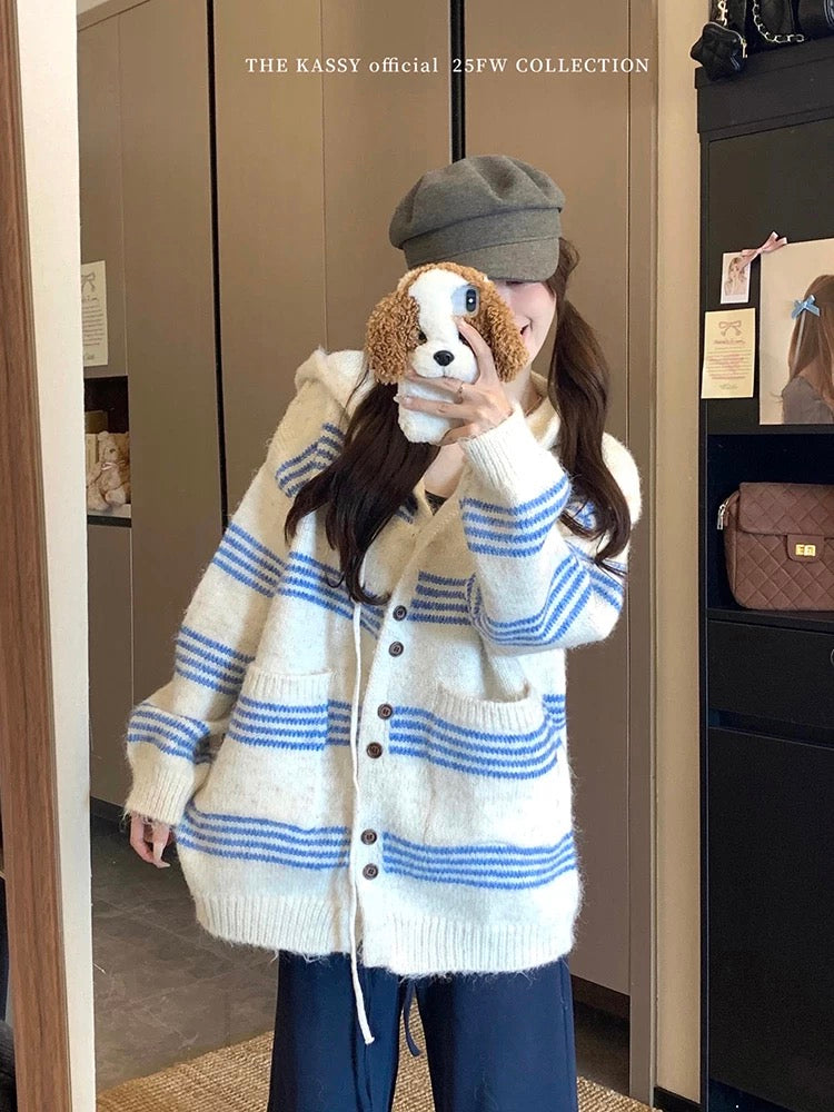College style lazy design sweater jacket women 2025 autumn new striped hooded long-sleeved knitted top women