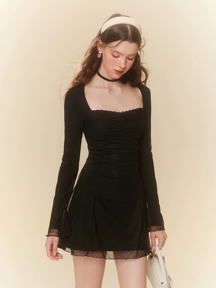 Mess Studio American Hot Girl Niche Design Square Neck Mesh Lace Dress Versatile and Slim Women