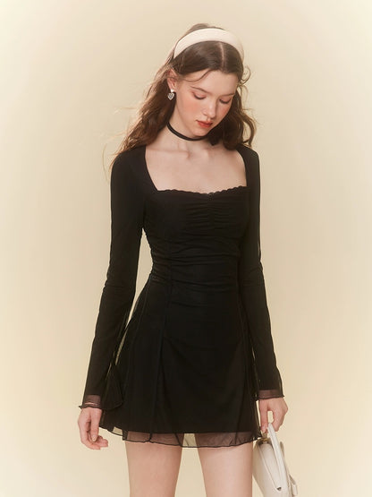 Mess Studio American Hot Girl Niche Design Square Neck Mesh Lace Dress Versatile and Slim Women