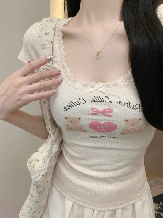 Sooner or later, the girly feeling is full of tee! Original Du family cute bm style printed T-shirt for women with short sleeves and lace bow
