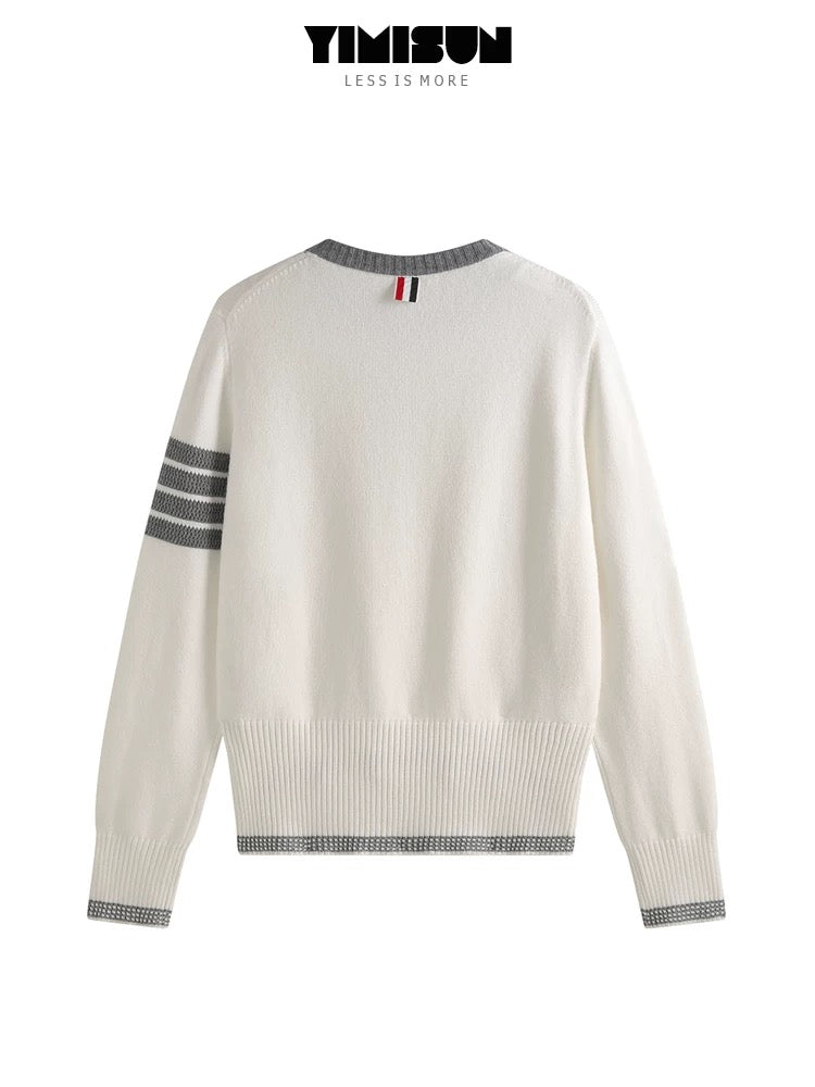 YIMISUN design four-bar chest pocket contrast color round neck knitted bottoming shirt slim fit sweater for women