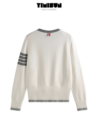 YIMISUN design four-bar chest pocket contrast color round neck knitted bottoming shirt slim fit sweater for women