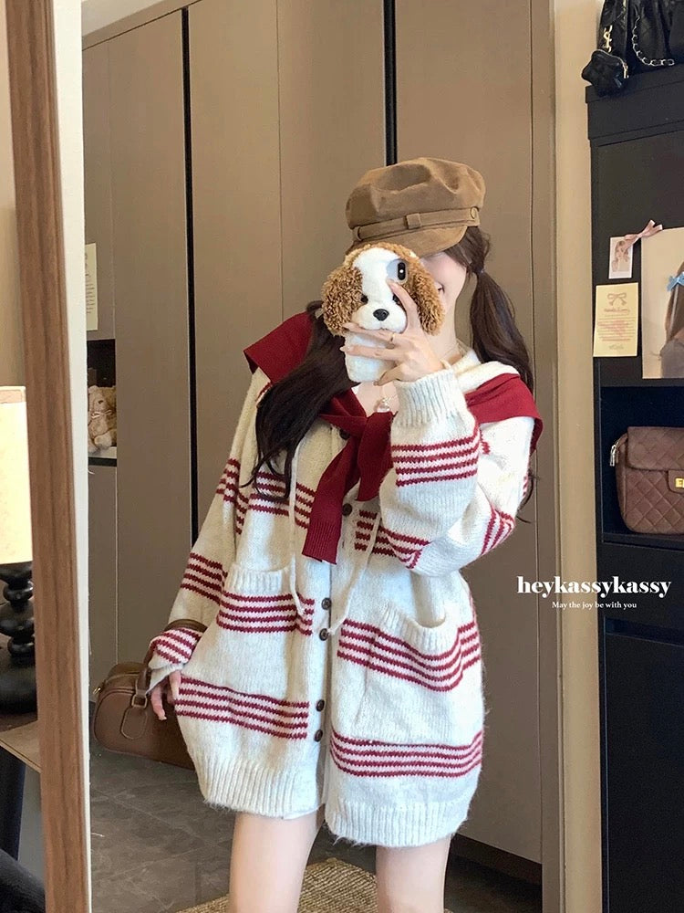 College style lazy design sweater jacket women 2025 autumn new striped hooded long-sleeved knitted top women