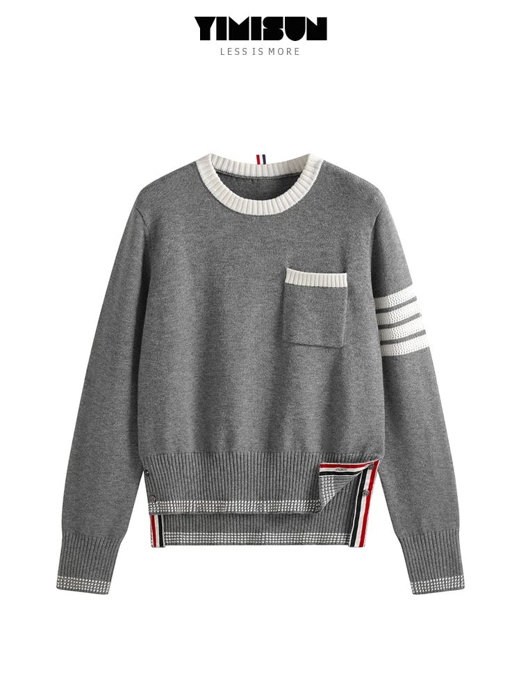 YIMISUN design four-bar chest pocket contrast color round neck knitted bottoming shirt slim fit sweater for women