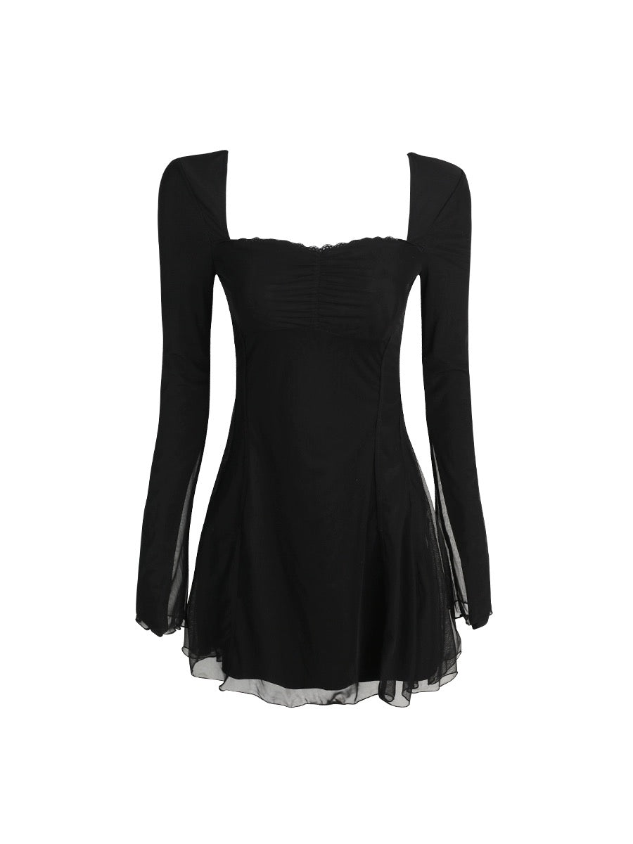 Mess Studio American Hot Girl Niche Design Square Neck Mesh Lace Dress Versatile and Slim Women