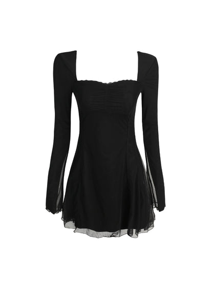 Mess Studio American Hot Girl Niche Design Square Neck Mesh Lace Dress Versatile and Slim Women