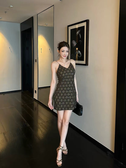 SX Shanxi Heavy Industry Women's Diamond-Pattern Cutout Beaded Camisole Dress – Sophisticated, Retro, and Sexy V-Neck Mini Formal Dress