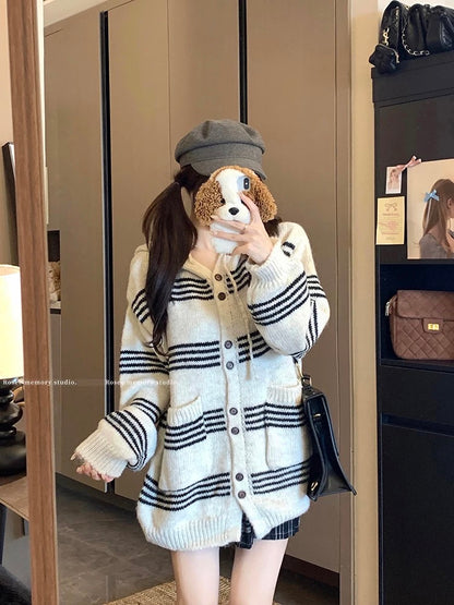 College style lazy design sweater jacket women 2025 autumn new striped hooded long-sleeved knitted top women