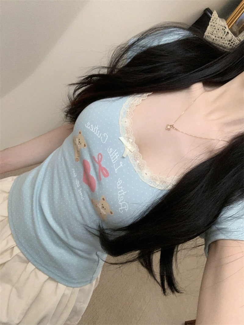 Sooner or later, the girly feeling is full of tee! Original Du family cute bm style printed T-shirt for women with short sleeves and lace bow