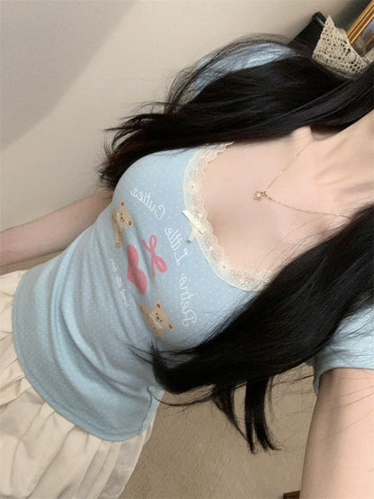Sooner or later, the girly feeling is full of tee! Original Du family cute bm style printed T-shirt for women with short sleeves and lace bow