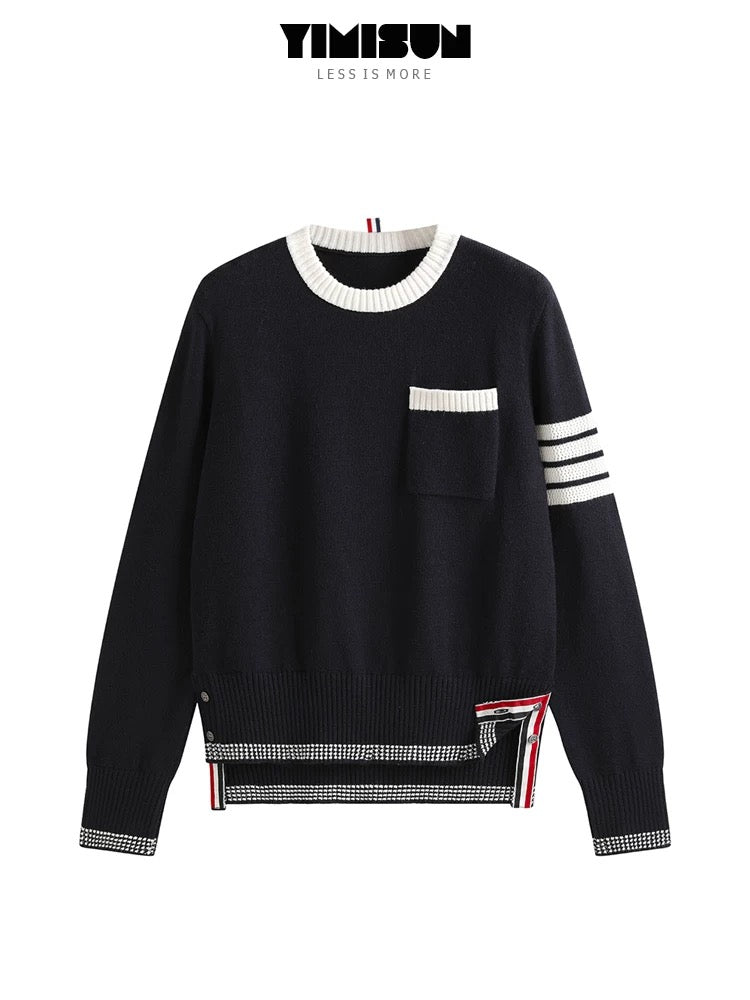 YIMISUN design four-bar chest pocket contrast color round neck knitted bottoming shirt slim fit sweater for women