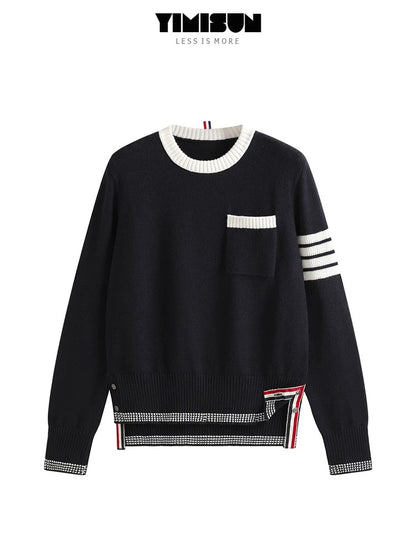 YIMISUN design four-bar chest pocket contrast color round neck knitted bottoming shirt slim fit sweater for women