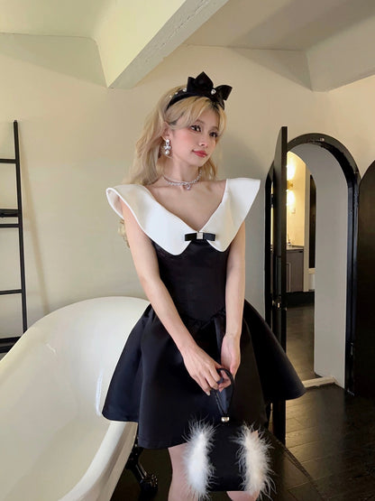 Off-shoulder dress, celebrity short dress, one-shoulder high-end niche off-shoulder dress, princess tutu skirt