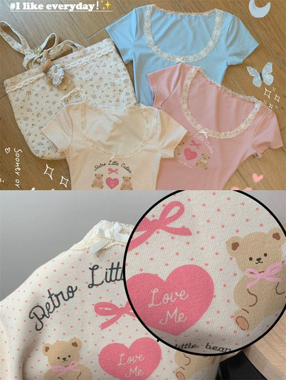 Sooner or later, the girly feeling is full of tee! Original Du family cute bm style printed T-shirt for women with short sleeves and lace bow