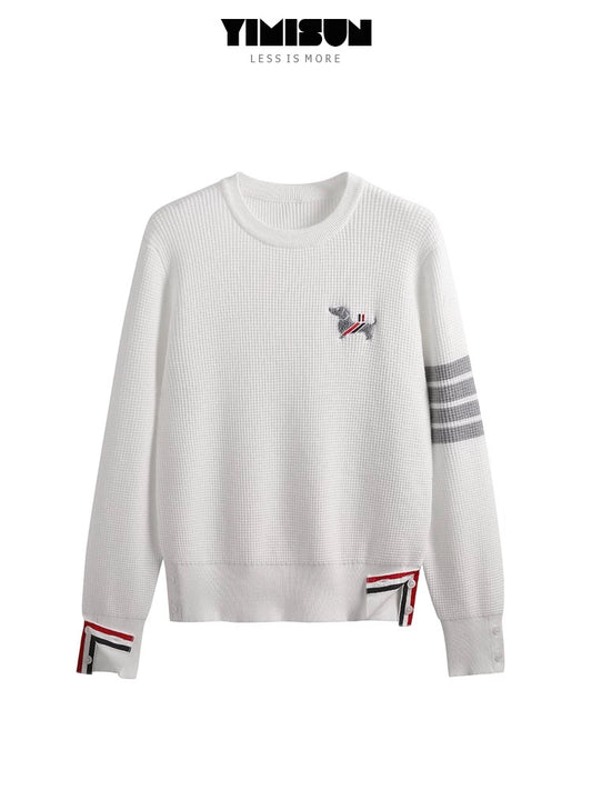New four-bar chest puppy embroidery round neck waffle pullover slim fit bottoming shirt top for women