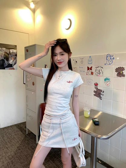 Right shoulder short-sleeved T-shirt petite suit for women summer high waist drawstring hip A-line skirt short skirt sweet hot girl two-piece set