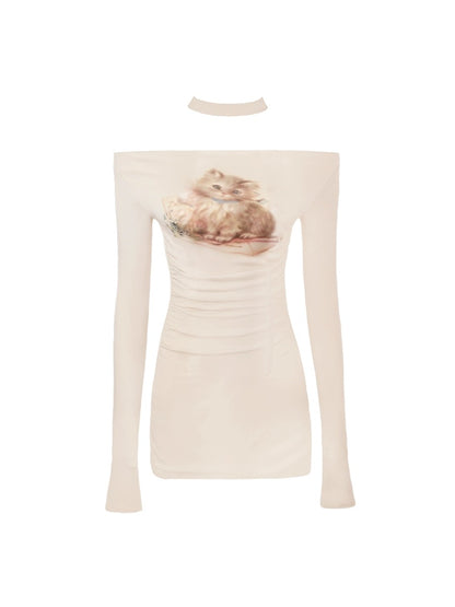 Mess Studio American hot girl's niche design one-shoulder cat-hugging dress is slim and body-shaping