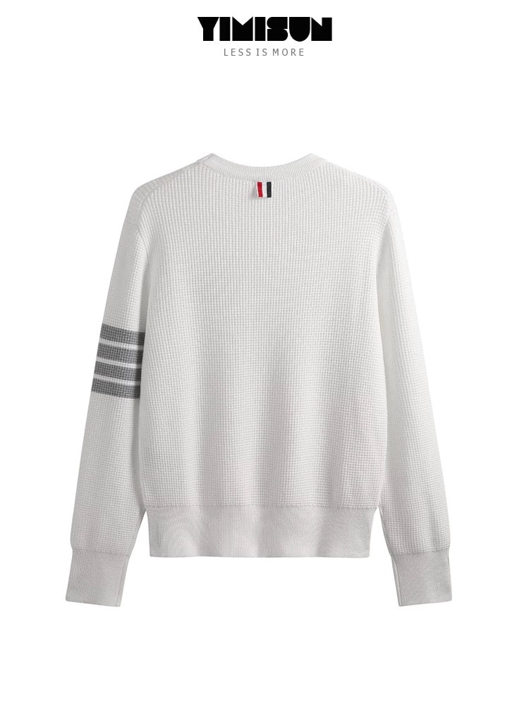 New four-bar chest puppy embroidery round neck waffle pullover slim fit bottoming shirt top for women