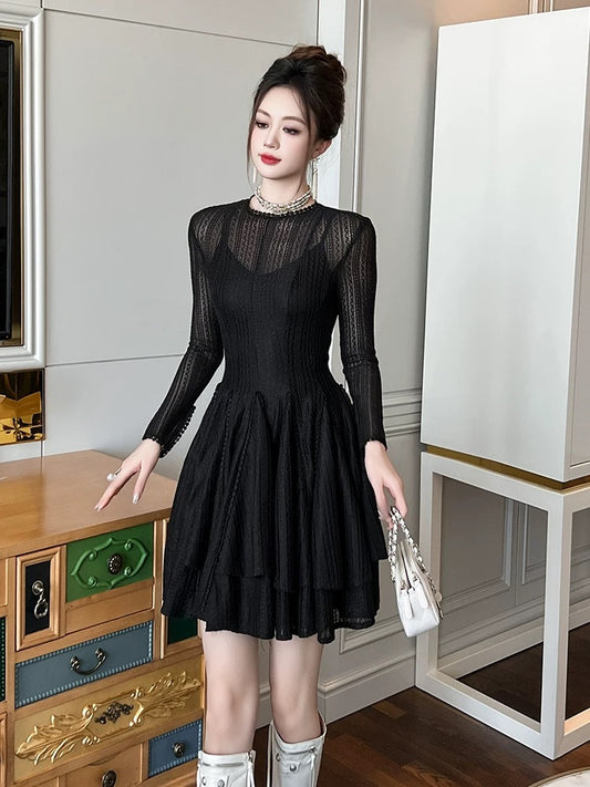 Black knitted dress for women autumn and winter 2024 new style inner sexy royal sister style waist slimming A-line skirt