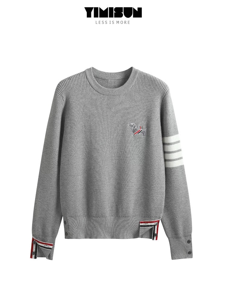 New four-bar chest puppy embroidery round neck waffle pullover slim fit bottoming shirt top for women