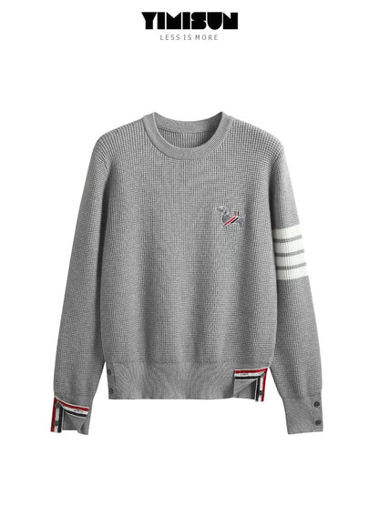 New four-bar chest puppy embroidery round neck waffle pullover slim fit bottoming shirt top for women