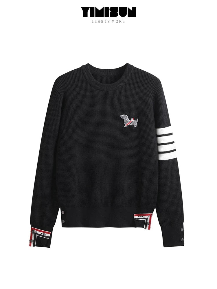 New four-bar chest puppy embroidery round neck waffle pullover slim fit bottoming shirt top for women