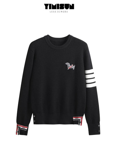 New four-bar chest puppy embroidery round neck waffle pullover slim fit bottoming shirt top for women