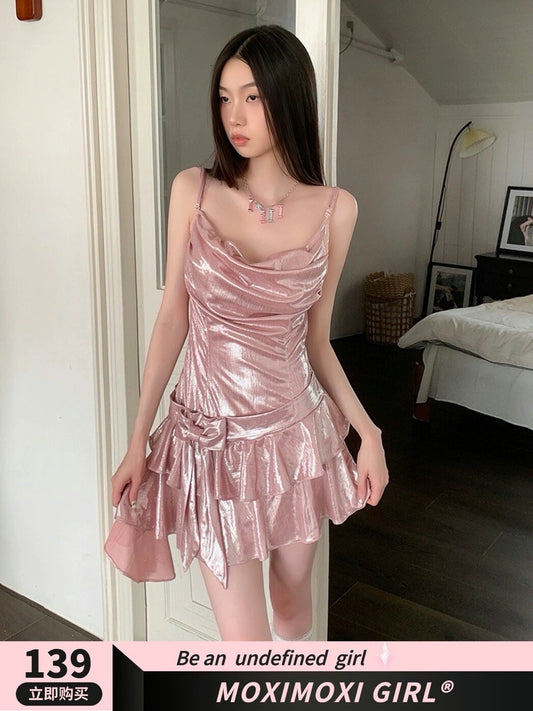 Gilt Rose Summer Slim Temperament Romantic Irregular Ruffle Birthday Princess Bow Suspender Dress