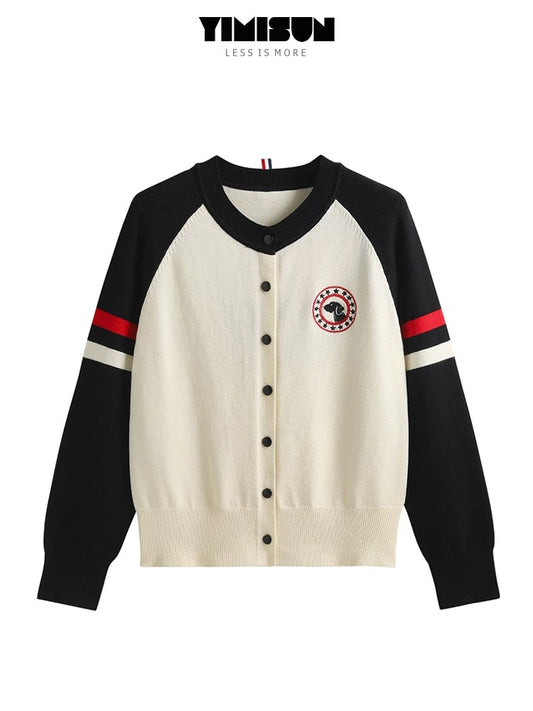 YIMISUN round neck retro design contrast color striped long sleeve badge puppy embroidered knitted cardigan female jacket
