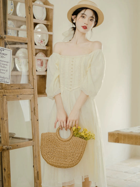 French Tea Break Princess Dress for Women Early Spring 2024 New Square Neck Lantern Sleeve Waist Dress High-end