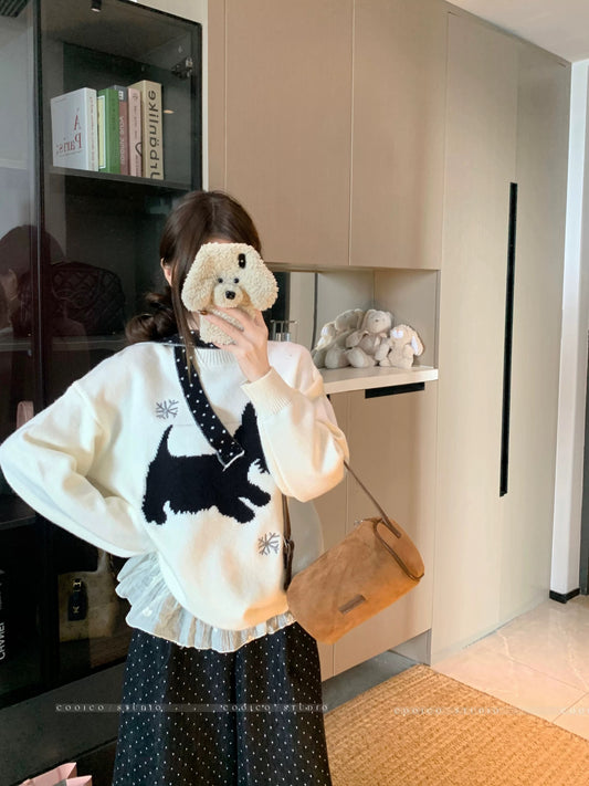 Kumikumi lazy style apricot puppy jacquard knitted sweater women's autumn age-reducing casual slimming versatile top