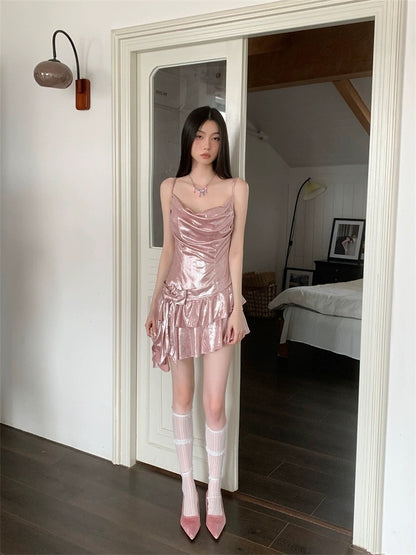 Gilt Rose Summer Slim Temperament Romantic Irregular Ruffle Birthday Princess Bow Suspender Dress