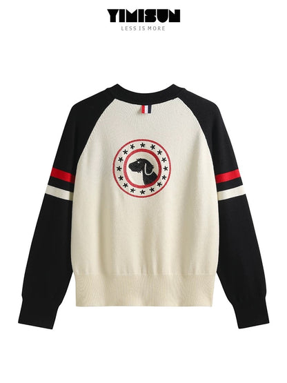 YIMISUN round neck retro design contrast color striped long sleeve badge puppy embroidered knitted cardigan female jacket