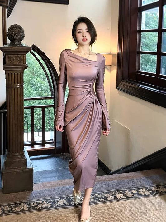 European Station Purple Waist Dress Women's Autumn and Winter Bottoming Top with Upper Class Slim Temperament Dress Long Skirt