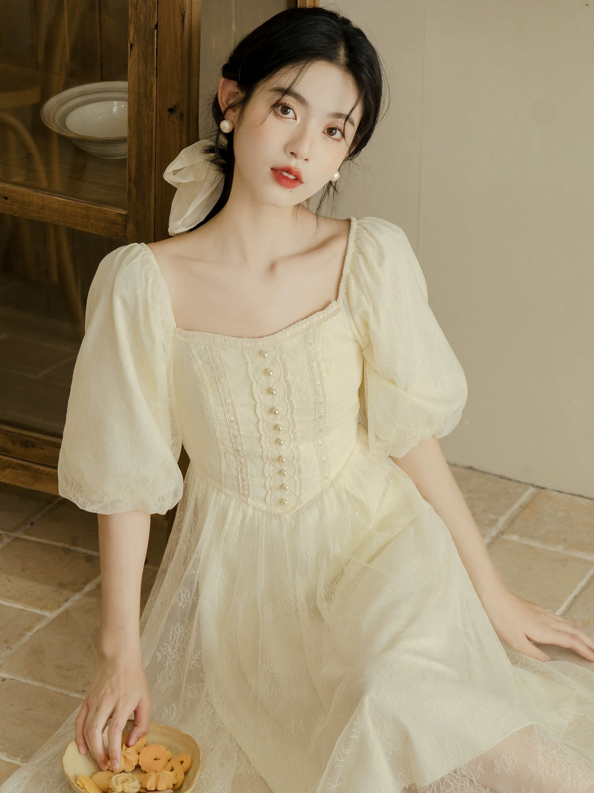 French Tea Break Princess Dress for Women Early Spring 2024 New Square Neck Lantern Sleeve Waist Dress High-end