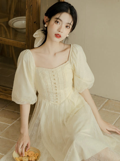 French Tea Break Princess Dress for Women Early Spring 2024 New Square Neck Lantern Sleeve Waist Dress High-end