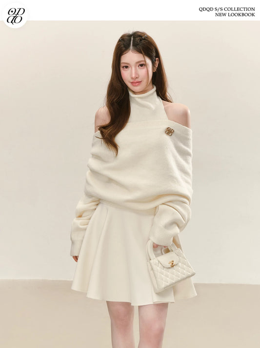 QDQD French-style elegant off-white suit, soft and supple sleeveless turtleneck base layer, off-shoulder sweater for women.