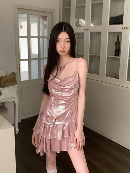Gilt Rose Summer Slim Temperament Romantic Irregular Ruffle Birthday Princess Bow Suspender Dress