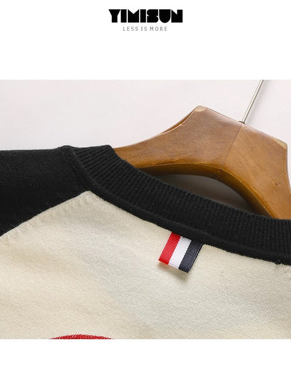 YIMISUN round neck retro design contrast color striped long sleeve badge puppy embroidered knitted cardigan female jacket