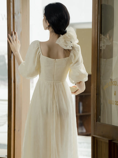 French Tea Break Princess Dress for Women Early Spring 2024 New Square Neck Lantern Sleeve Waist Dress High-end