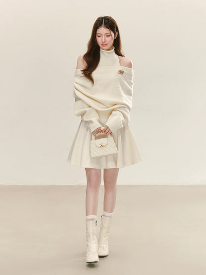 QDQD French-style elegant off-white suit, soft and supple sleeveless turtleneck base layer, off-shoulder sweater for women.