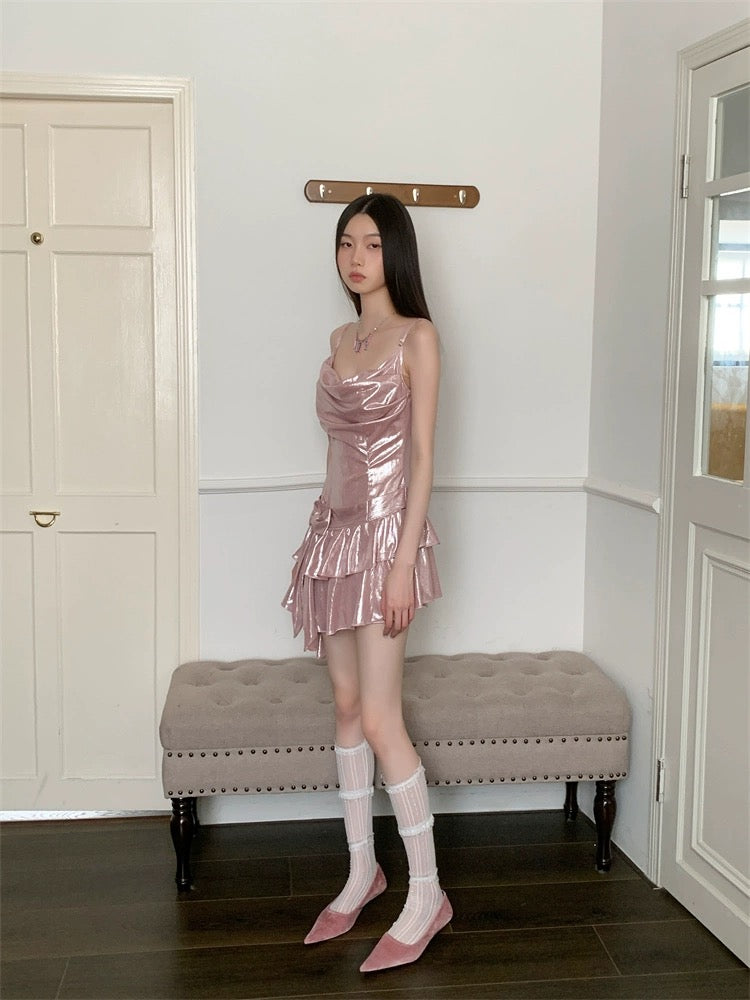 Gilt Rose Summer Slim Temperament Romantic Irregular Ruffle Birthday Princess Bow Suspender Dress