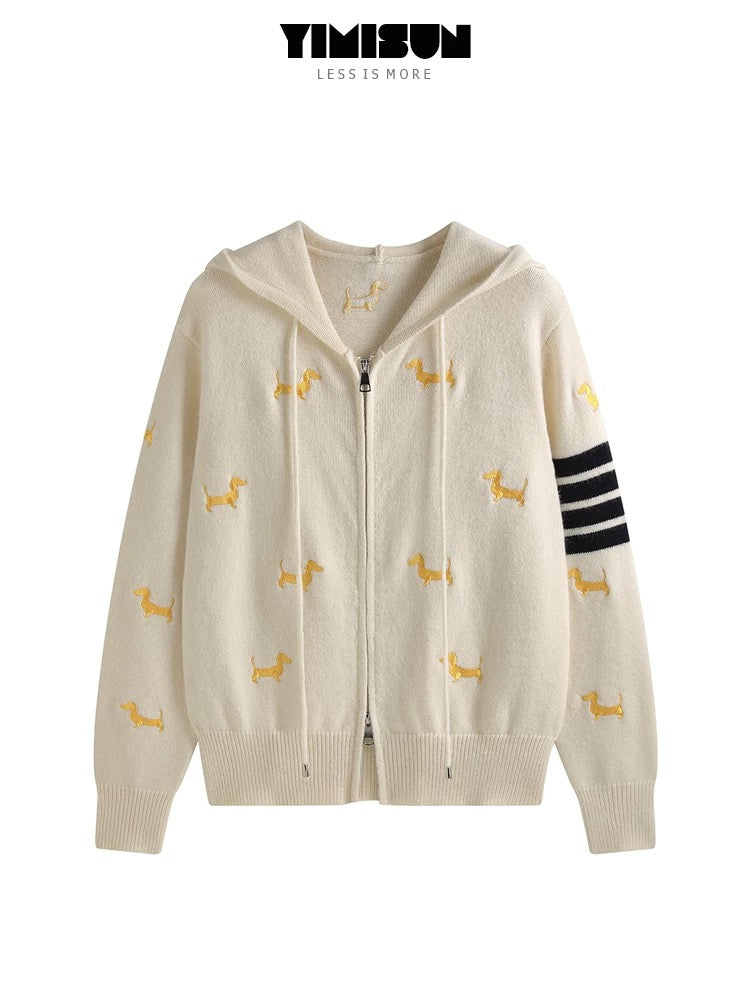 YIMISUN heavy design full body puppy embroidery zipper hooded knitted cardigan women's top loose coat
